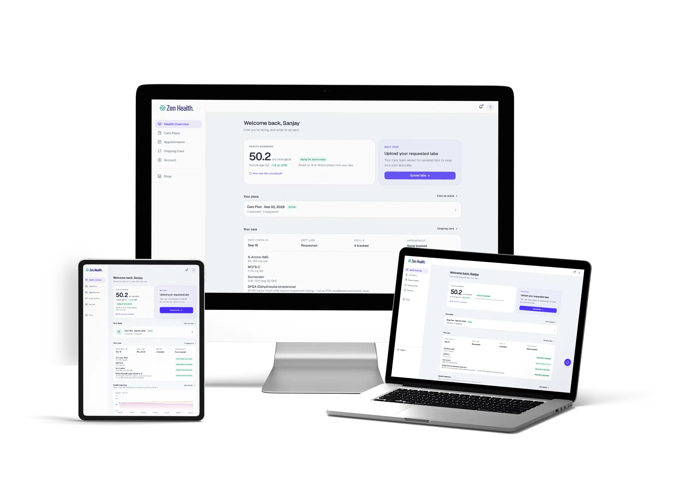 Zen Longevity360 Dashboard - Biological Age, Care Plans & Longitudinal Monitoring