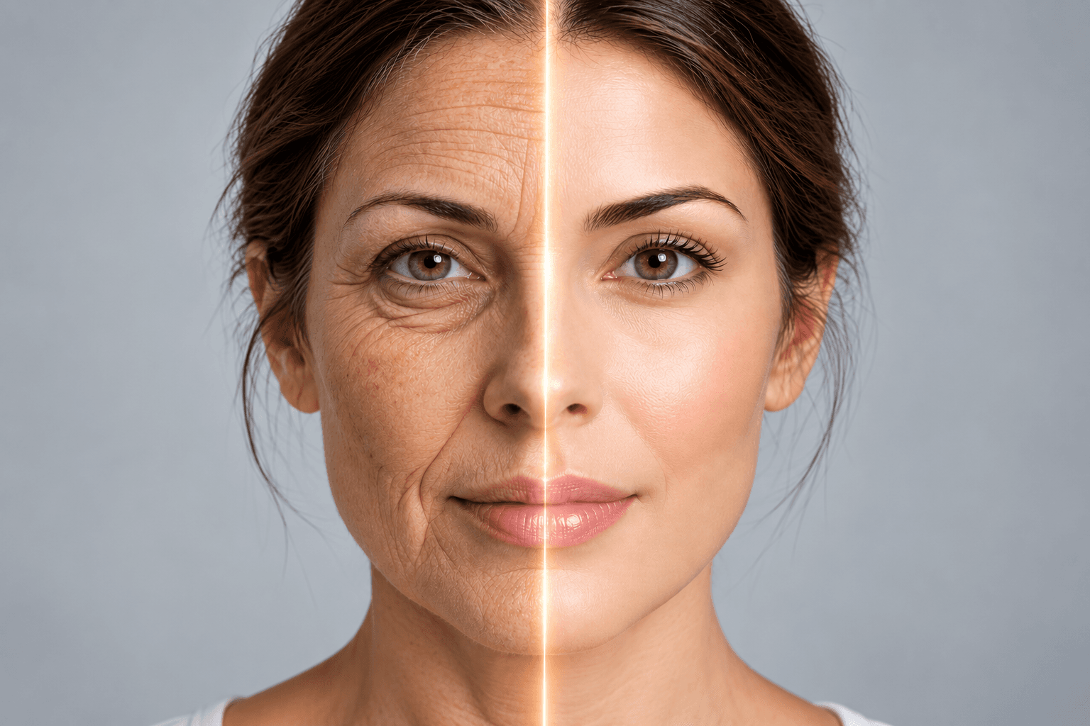 A face shown half aged, half youthful, illustrating aging as a whole-body signal rather than isolated damage.